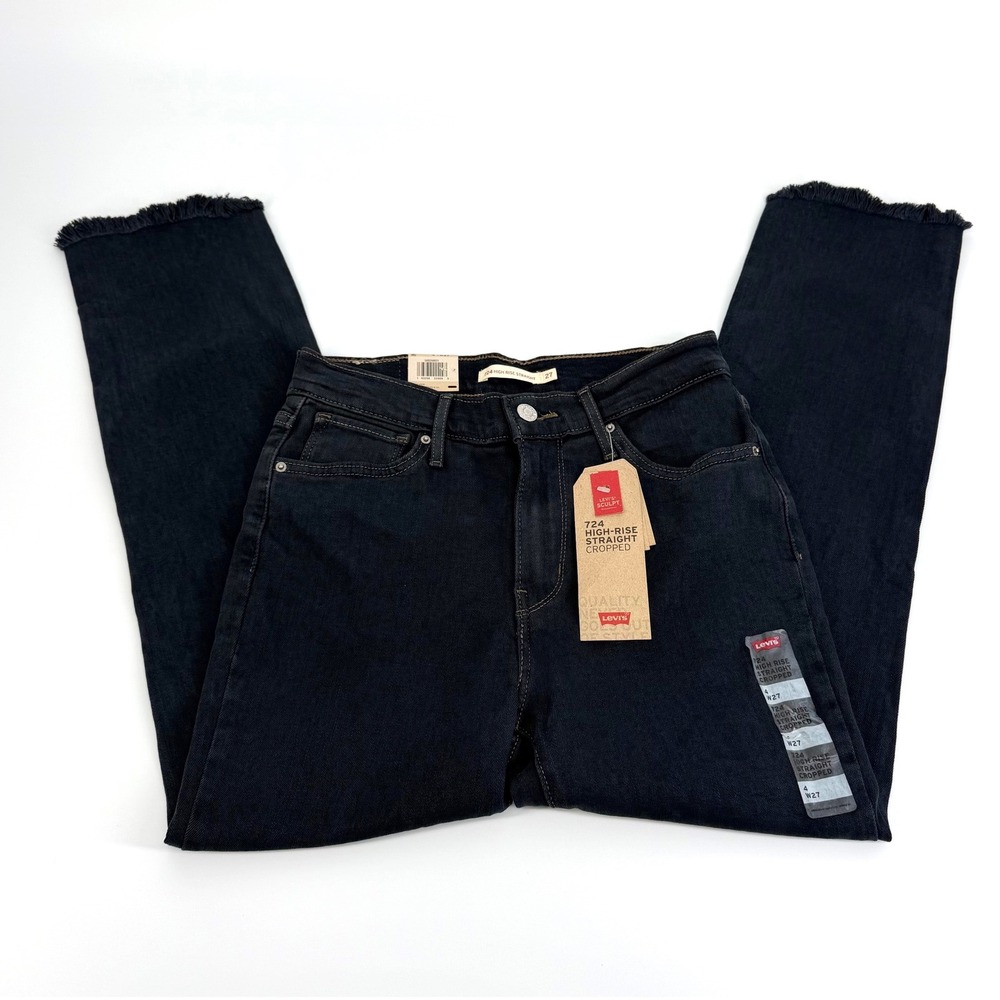 Levi's 724 High-Rise Straight Cropped Jeans Womens 4 W27 Black NWT Frayed Hem - Picture 3 of 12